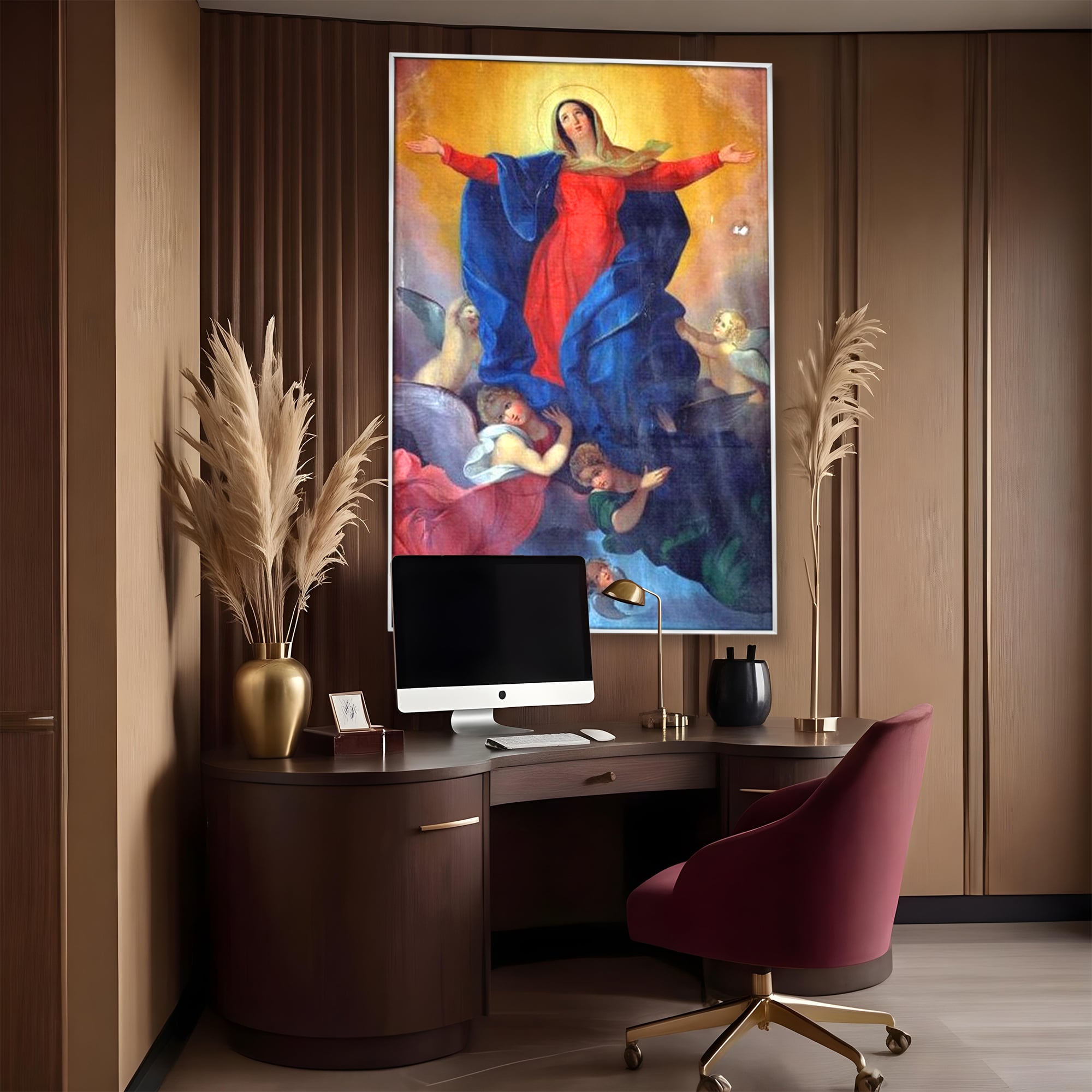 Tablou canvas cu tablou canvas cu fecioara si ingeri, in rama de aluminiu argintiu, pe perete intr-un birou